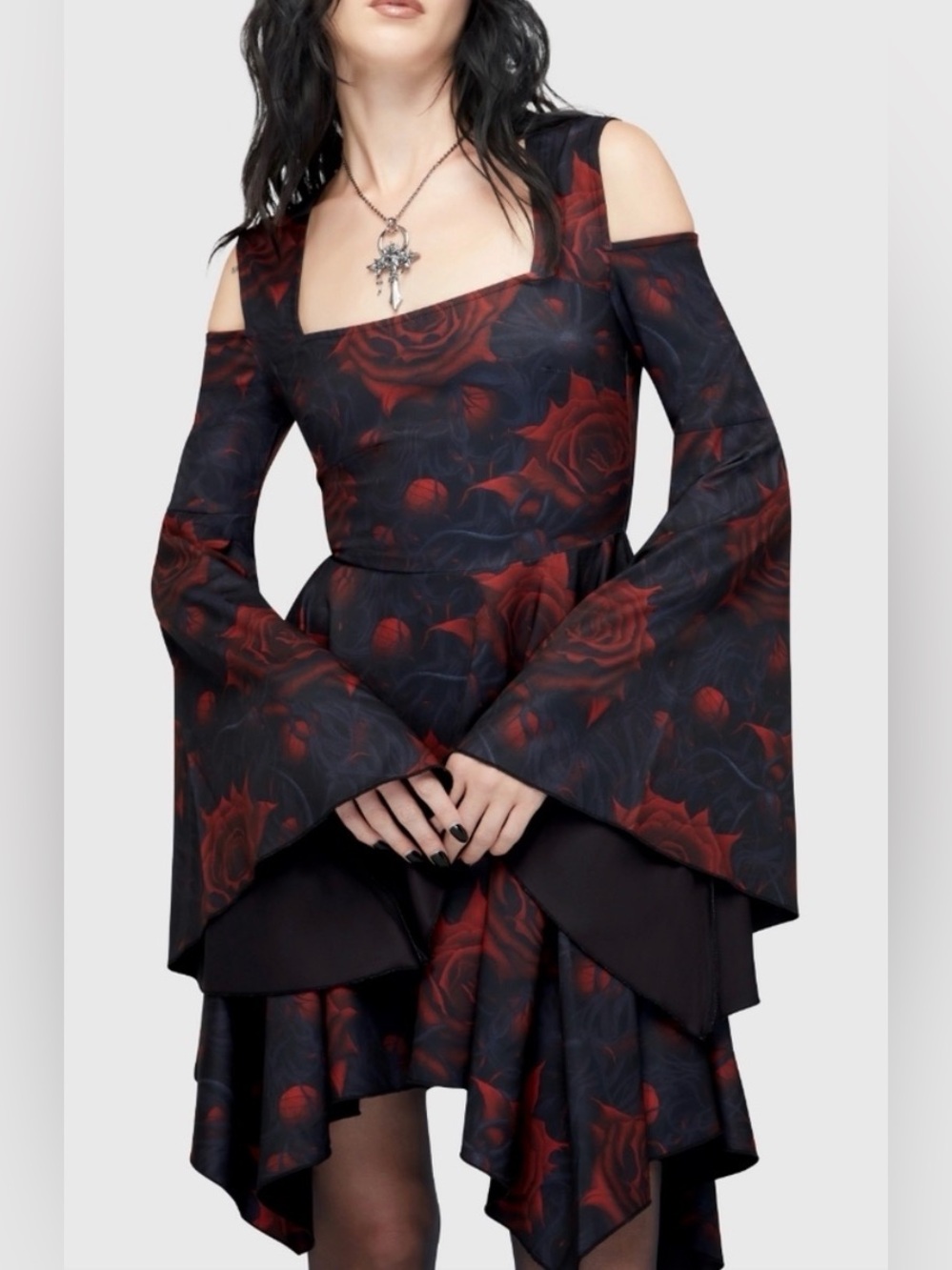 Killstar XXL Asymmetrical Rose Print Cold-Shoulder Dress!